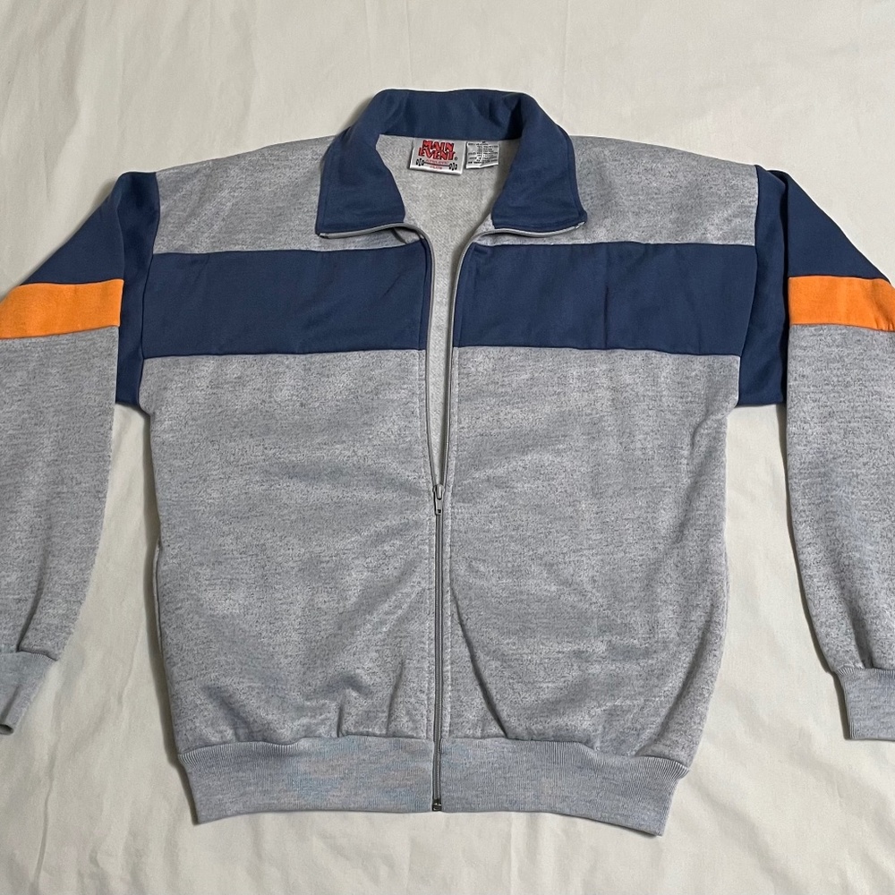 Vintage Medium Main Event Athletic Club Warmup Jacket. Gray with stripes.